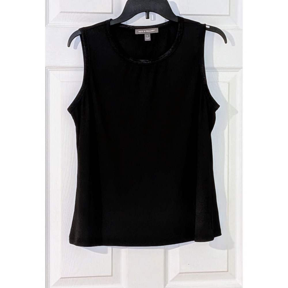 Kate & Mallory Black Sleeveless Top Ribbed Knit Velvet Trim Casual Blouse L NWOT